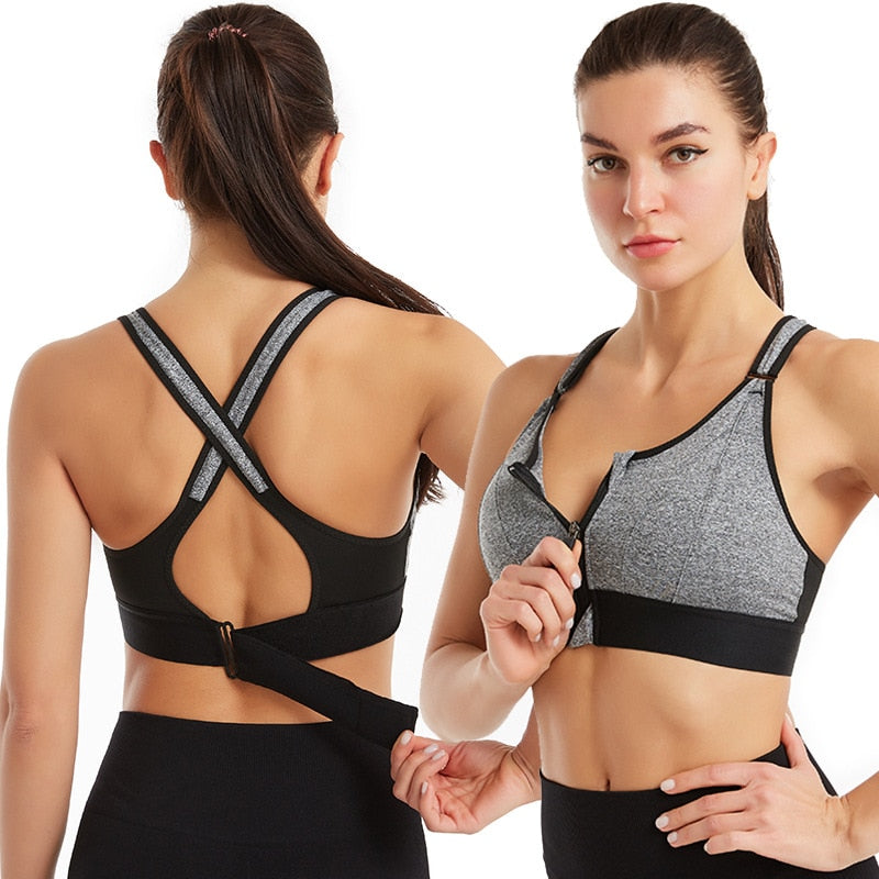 Women's Sports Bra Gathered Without Steel Ring Adjustable Belt Front Zipper Yoga Running Vest Shockproof Underwear Plus Size