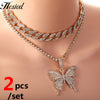 Gold Color Thick Cuban Chain Micro Pave Shiny Pink Crystal Butterfly Necklaces Woman CZ Tennis Choker Necklace Hip Hop  Jewelry