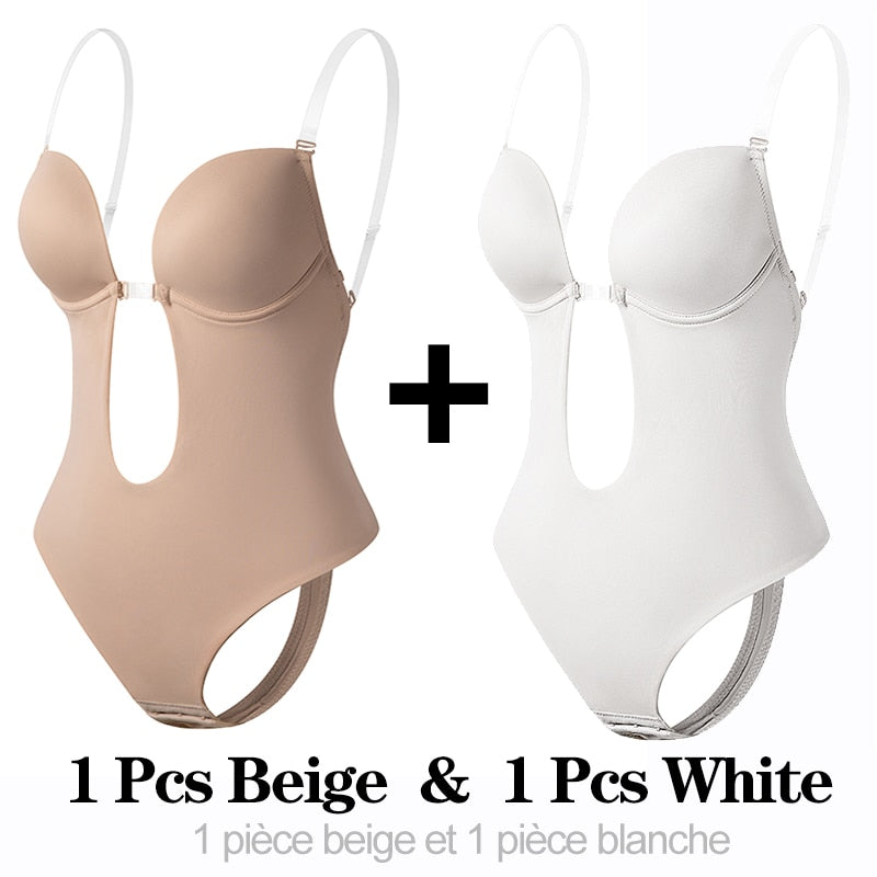 Invisible Shaper Bra Sexy Bodysuit Corset Backless Deep V-Neck U Plunge Thong Waist Trainer Clear Strap Padded Push Up Shapewear