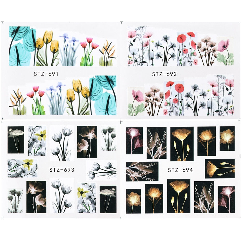 4pcs/Set Nail Butterfly Stickers Watercolor Decals Blue Flowers Sliders Wraps Manicure Summer Nail Art Decorations TRSTZ984-1017