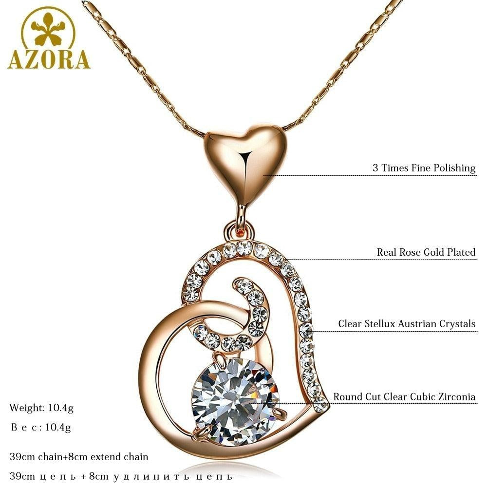 AZORA Rose Gold Color Clear Stellux Austrian Crystals Double Heart Pendant Necklace for Valentine's Day Gift of Love TN0009 - CyberMarkt