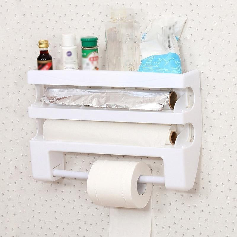Wall-Mount Paper Towel Holder Sauce Bottle Storage Rack Kitchen Organizer Preservative Film Dispenser Sauce Roll Paper Storage