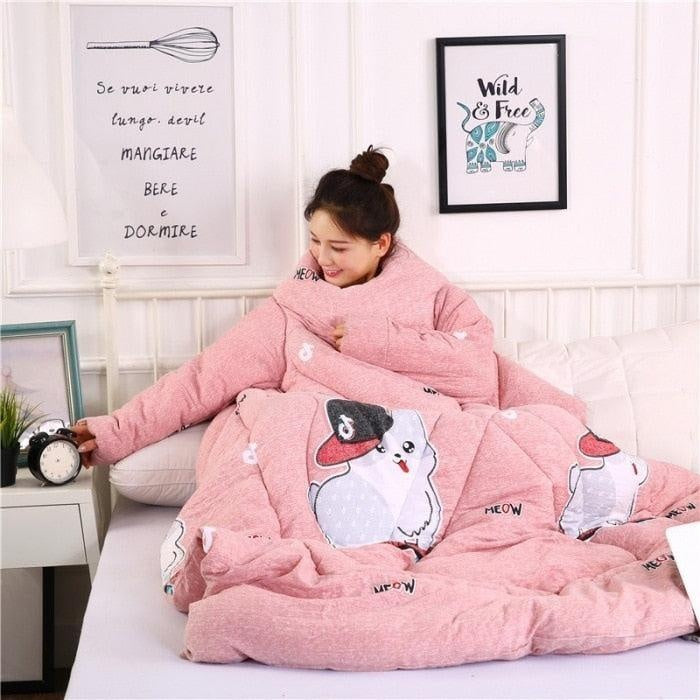 Winter Lazy Quilt with Sleeves Winter Quilt Home Bedding Printed Warm Winter Cotton Filling Family Blanket Cape Cloak Comforter - CyberMarkt