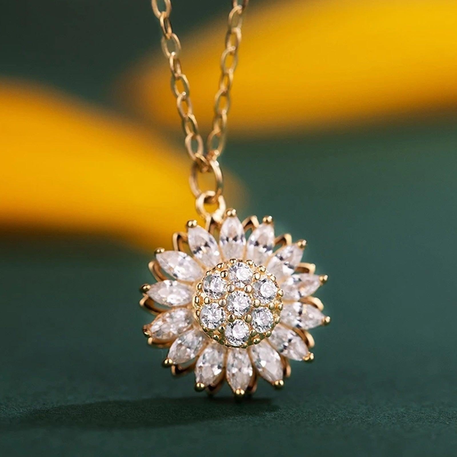 Rotatable Sunflower Necklace 925 Sterling Silver Zircon Crystal Women Necklace Luxury Clavicle Chain LAD-sale - CyberMarkt