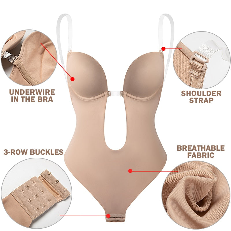 Invisible Shaper Bra Sexy Bodysuit Corset Backless Deep V-Neck U Plunge Thong Waist Trainer Clear Strap Padded Push Up Shapewear