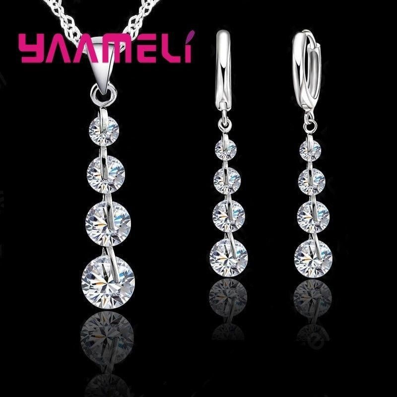 Exquisite Real 925 Sterling Silver Bridal Jewelry Sets Long Style Austrian Crystal Necklaces Earrings Wedding Accessory