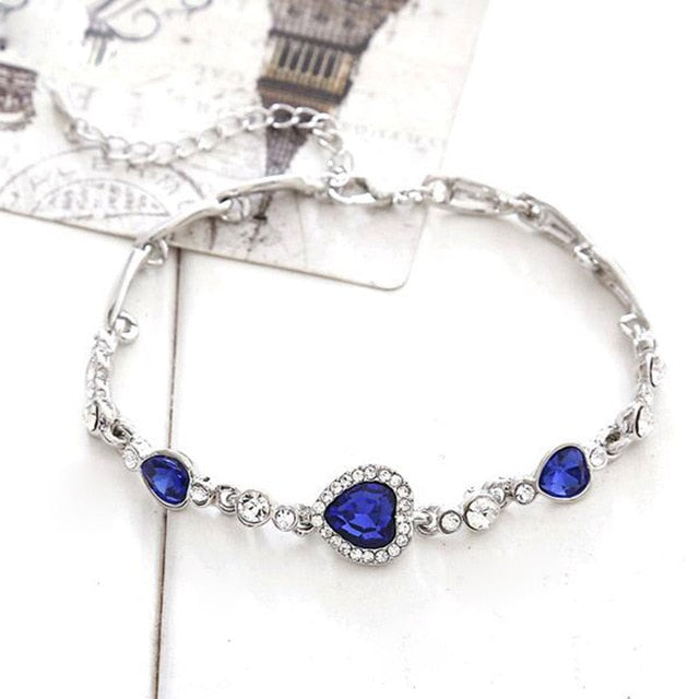 FAMSHIN Hottest Womens Ladies Crystal Rhinestone Bangle Ocean Blue Bracelet Chain Heart Jewelry Party Gifts