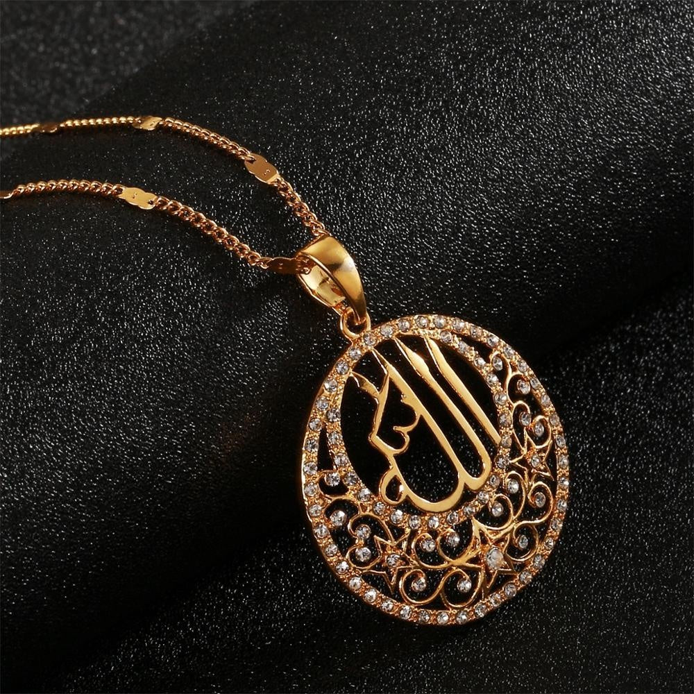24k Gold Color Crystal Muslims Allah Pendant Necklace Arabic Islamic Rhinestone Jewelry