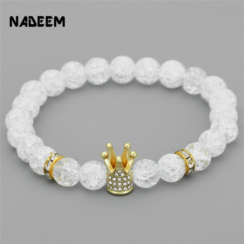 New Fashion Imperial Micro Pave Cubic Zircon Crown Charm Bracelet Men Women's White Crack Flowers Stone Beads Bracelet Jewelry
