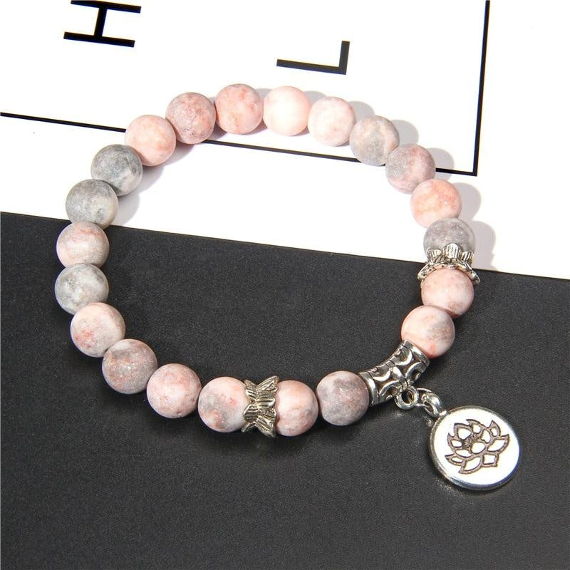 Handmade Natural Stone Lotus Ohm Buddha Beads Bracelet Pink Zebra Stone Lotus Charm Bracelet for Women Men Yoga  Jewelry Gifts 17cm