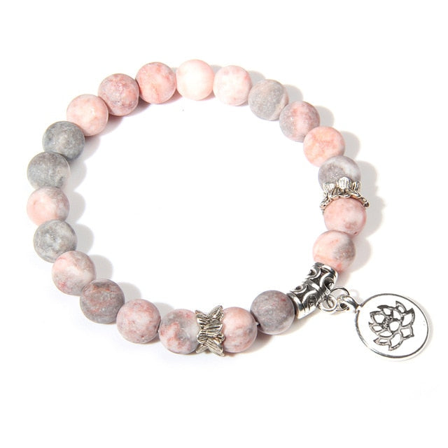 Handmade Natural Stone Lotus Ohm Buddha Beads Bracelet Pink Zebra Stone Lotus Charm Bracelet for Women Men Yoga  Jewelry Gifts 21cm