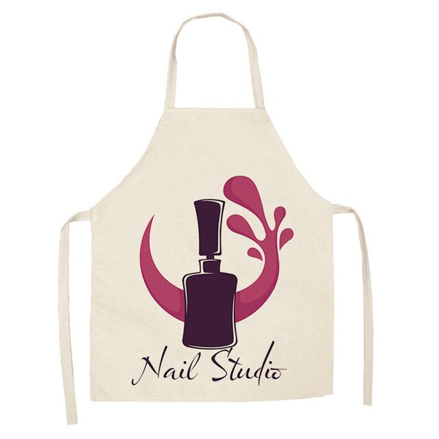 Linen Flower Nail Polish Theme Print Kitchen Aprons Unisex Dinner Party Cooking Bib Funny Pinafore Cleaning Apron
