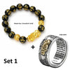 Unisex Men Pixiu Charms Ring Bracelet Chinese Feng Shui Amulet Wealth and Lucky Open Adjustable Ring Bead Bracelet