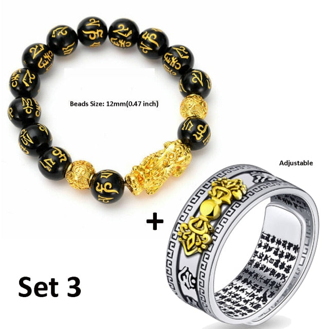 Unisex Men Pixiu Charms Ring Bracelet Chinese Feng Shui Amulet Wealth and Lucky Open Adjustable Ring Bead Bracelet