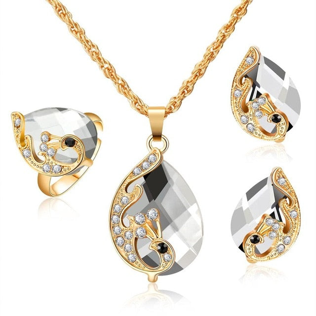 ZOSHI Wedding Jewelry Sets for Women Crystal Gold Chain Peacock Necklace Earrings Set Adjustable Rings 3pcs Jewelry Set