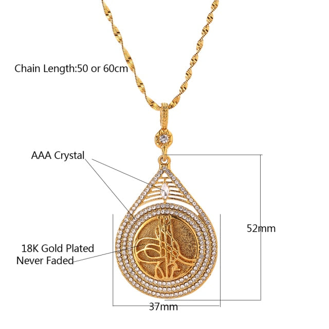 Crystal Muslim Islam Coin Necklace Women/Men Gold Color Turkey Wedding Jewelry Turkish Coin Lucky Allah Pendant Never Faded
