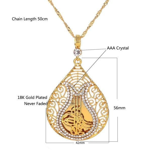 Metal Coin Muslim Islam Allah Necklace for Turks Gold Color Arab Pendant Middle East Arab Jewelry Rhinestone Turkish for Women