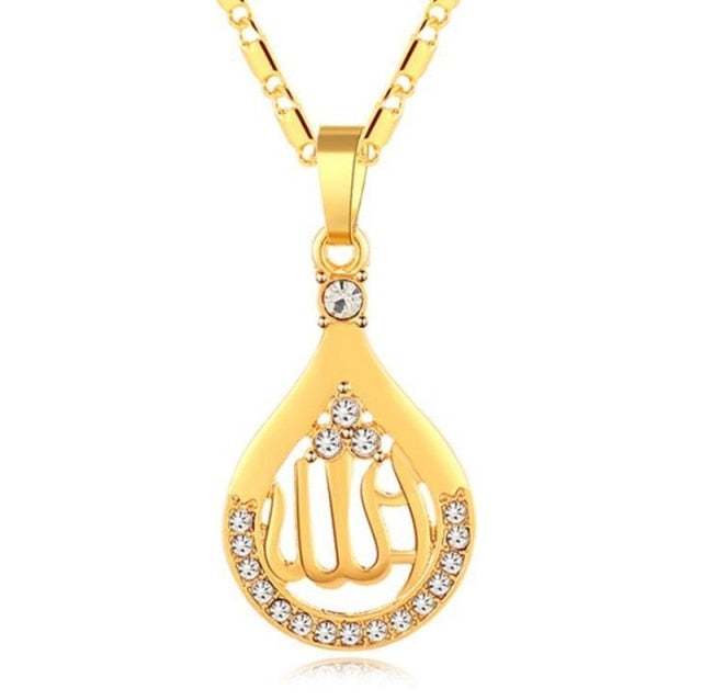 Muslim Islamic Quran Allah Zircon Decorated Teardrop Shaped Pendant Necklace Unisex Religious Style Jewelry