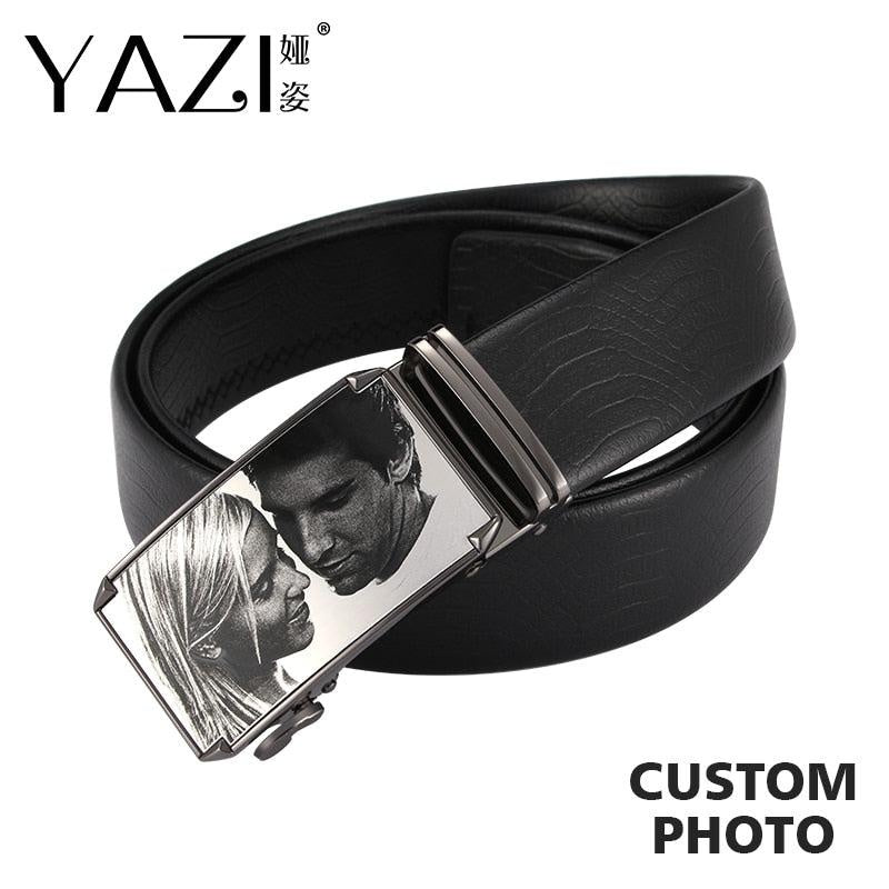 YAZI DIY Custom Photo Belt Cow Leather Adult Belts Brand Fashion Automatic Buckle Black Genuine Leather Luxury Girdles for Men