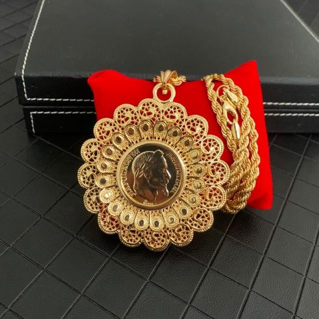 Round Flower Shape Coin Pendant for Women Algerian Wedding Necklace 60cm Long Chain Napoleon Figure French Coin Jewelry