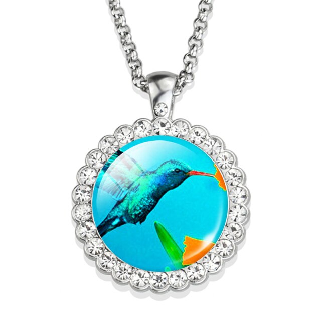 Hummingbird Necklace Cardinal Bird Art Picture Glass Rhinestone Pendant Silver Color Chain Cute Bird Jewelry for Women Men