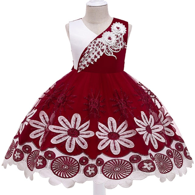 Embroidery Silk Princess Dress for Baby Girl Flower Elegant Girls Dresses Winter Party Christmas Halloween Kids Dresses Clothes