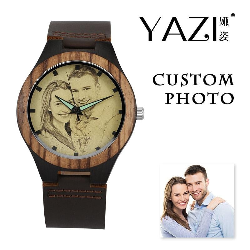 YAZI Personalized Custom Watch Photo Printing Natural Ebony Wooden Watch Engraving Picture Leather Band Unique Quartz Watches