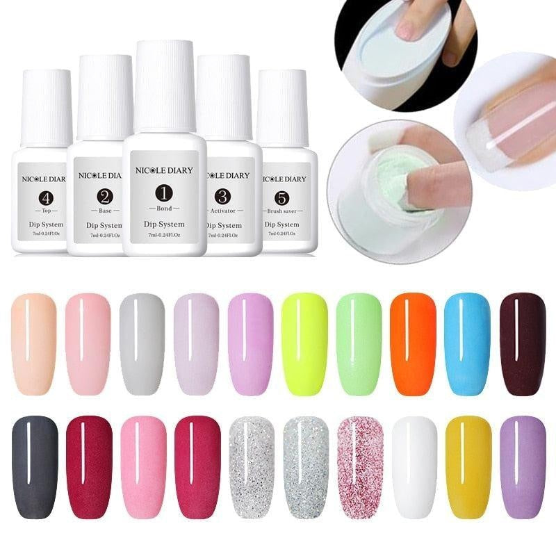 NICOLE DIARY 10g Dipping French Powder Glitter Dip Without Lamp Cure Gradient 7ml Base Top Activator Liquid Nail Art Decorations